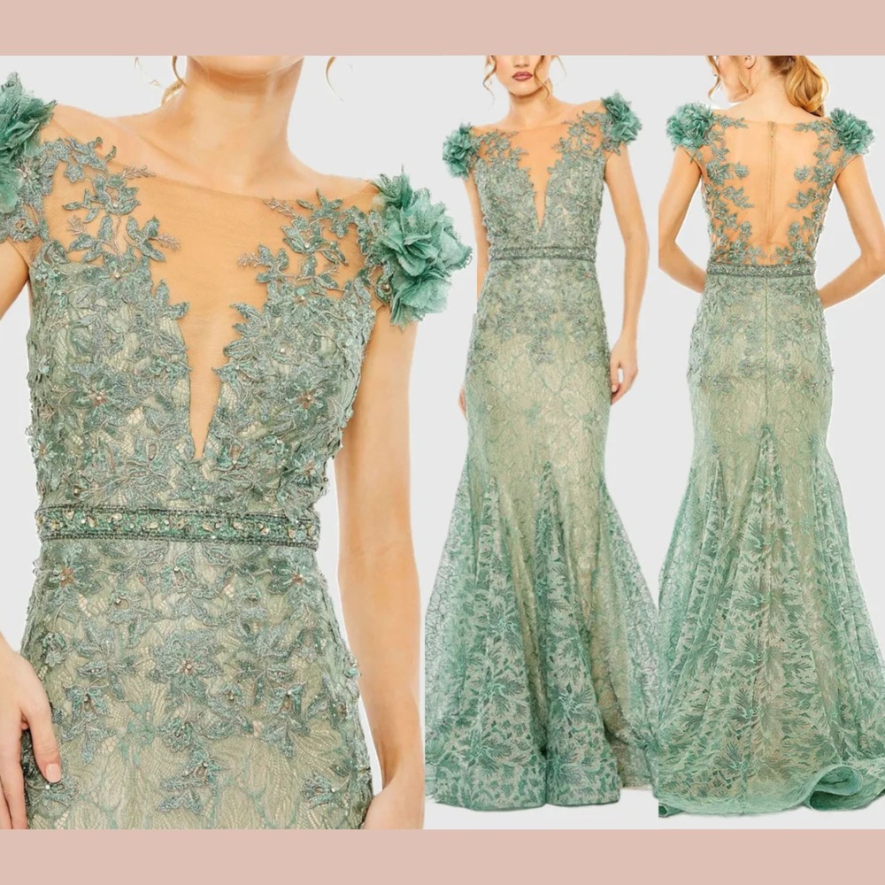 NWT Mac Duggal [ 18 ]‎ 79368 Embroidered Illusion Applique Trumpet Gown J1821